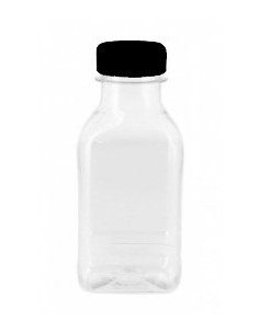 BOTELLA PLÁSTICO 350 ML CUADRADA CON TAPÓN NEGRO 6,2X6,2X14 CM 140 UD