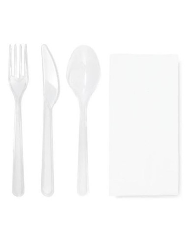 SET CUBIERTOS PS TRANSPARENTES 16,5 CM + SERVILLETA BLANCA 500 UD